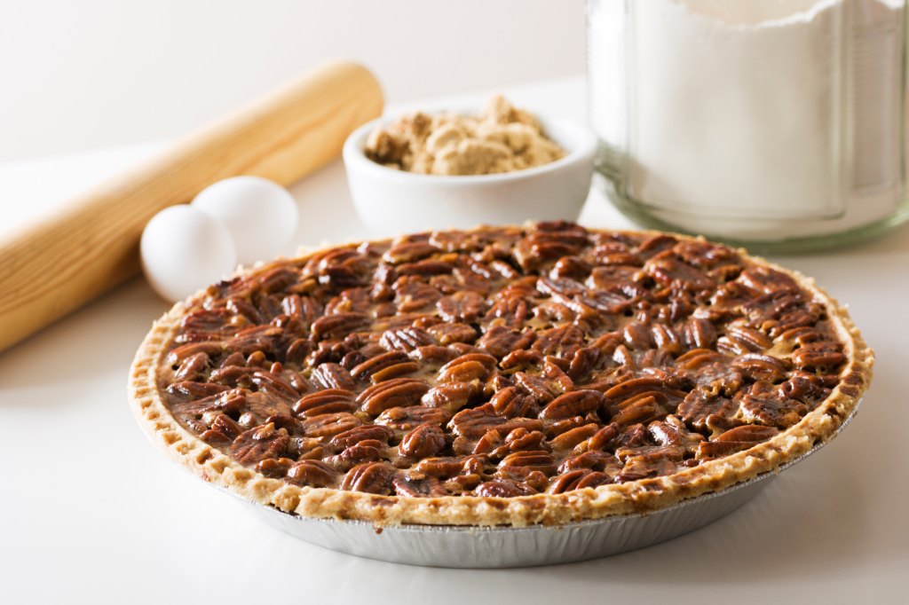 Pecan Pie, Fresh Baked Holiday Dessert with Ingredients, Rolling Pin