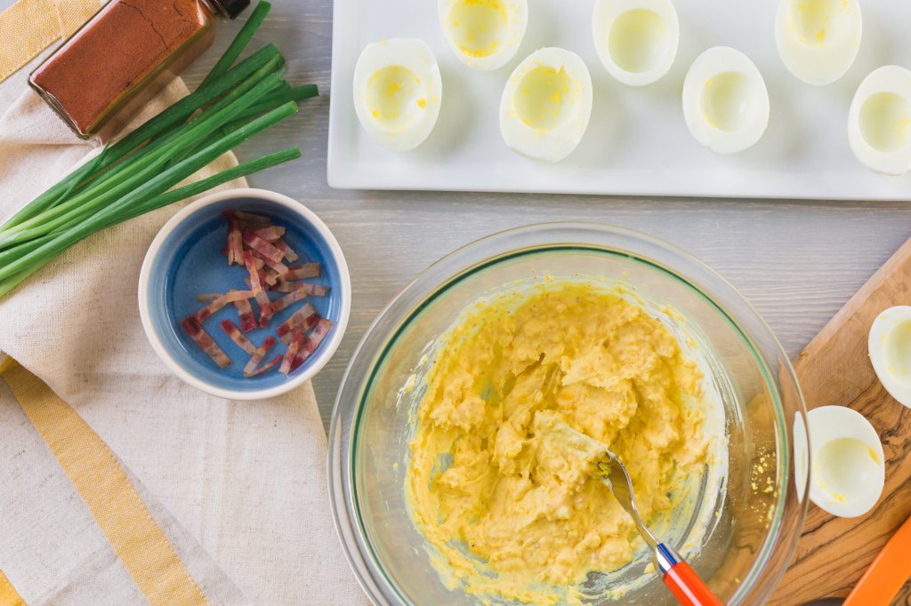 boiling and preparing deviled eggs for holiday appetizer