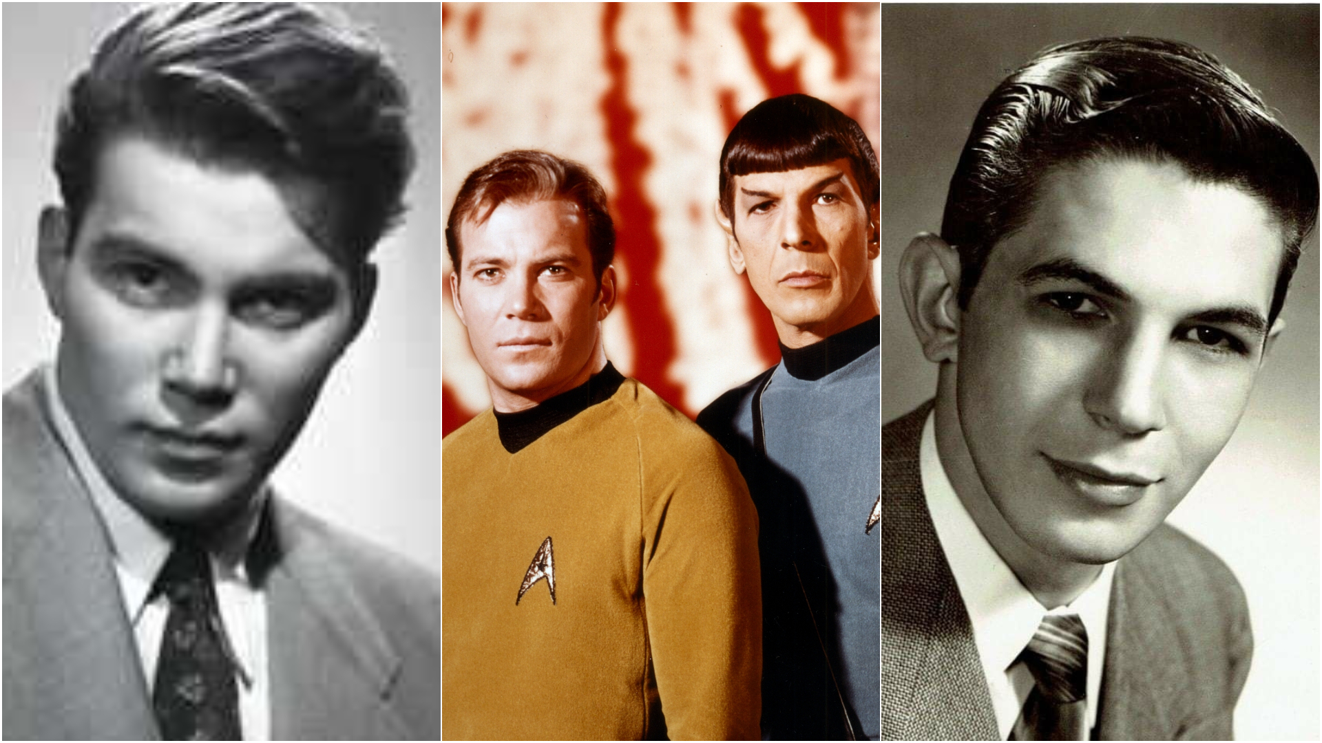 L-R: Early publicity shots of William Shatner and Leonard Nimoy surround them as Kirk and. Spock in 'Star Trek'