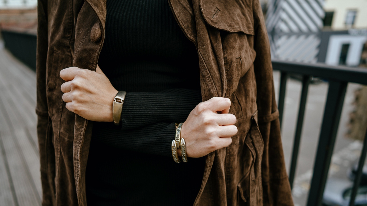 woman wearing suede jacket