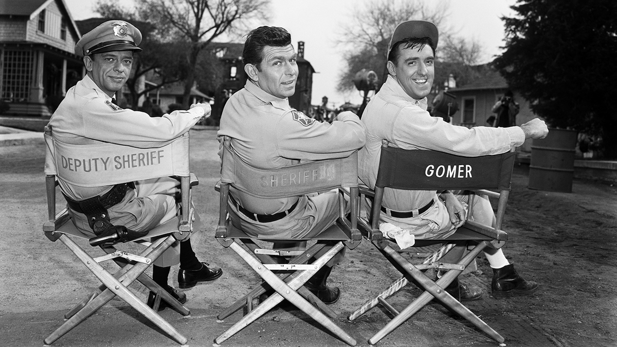 Don Knotts, Andy Griffith and Jim Nabors on the set of The Andy Griffith Show