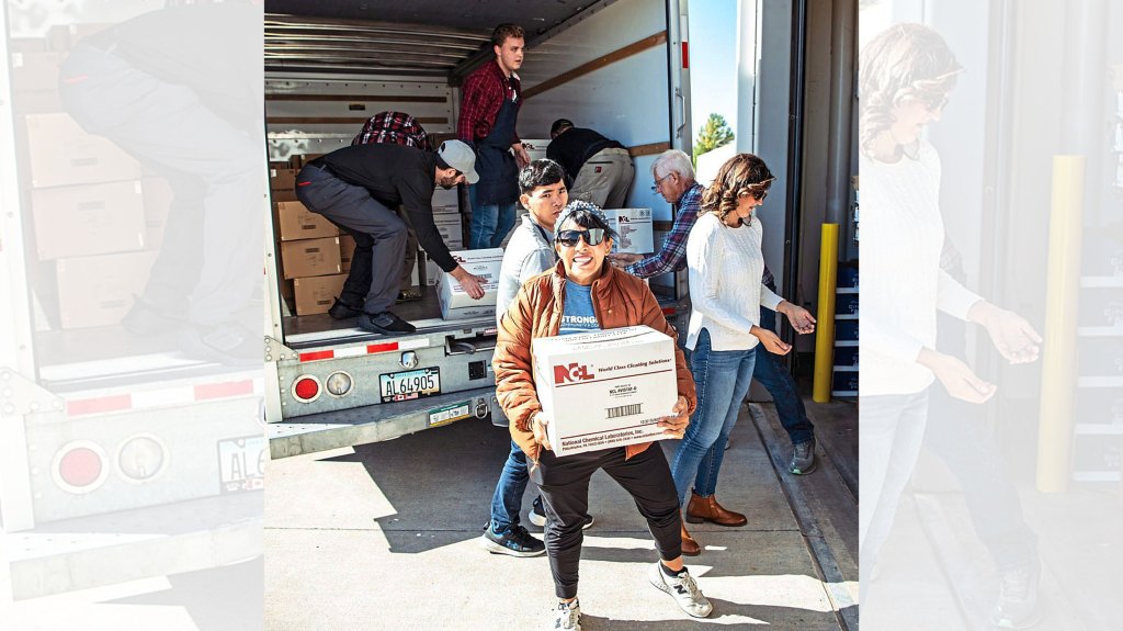 Monica (front) gets donations by the truckload