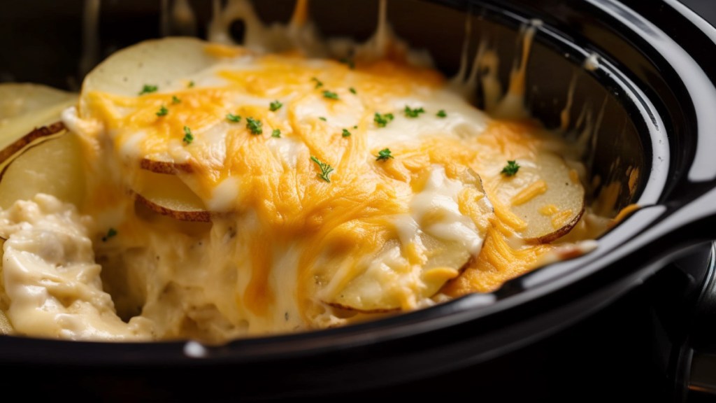 Homemade scalloped potatoes cooked in a crockpot