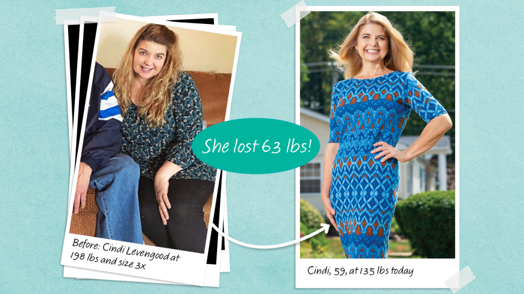 Before and after photos of Cindi Levengood who lost 63 lbs with the help of watercress
