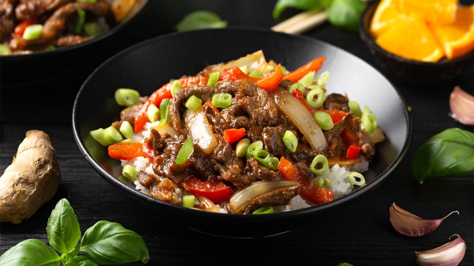 Slow cooker kung pao beef in a bowl
