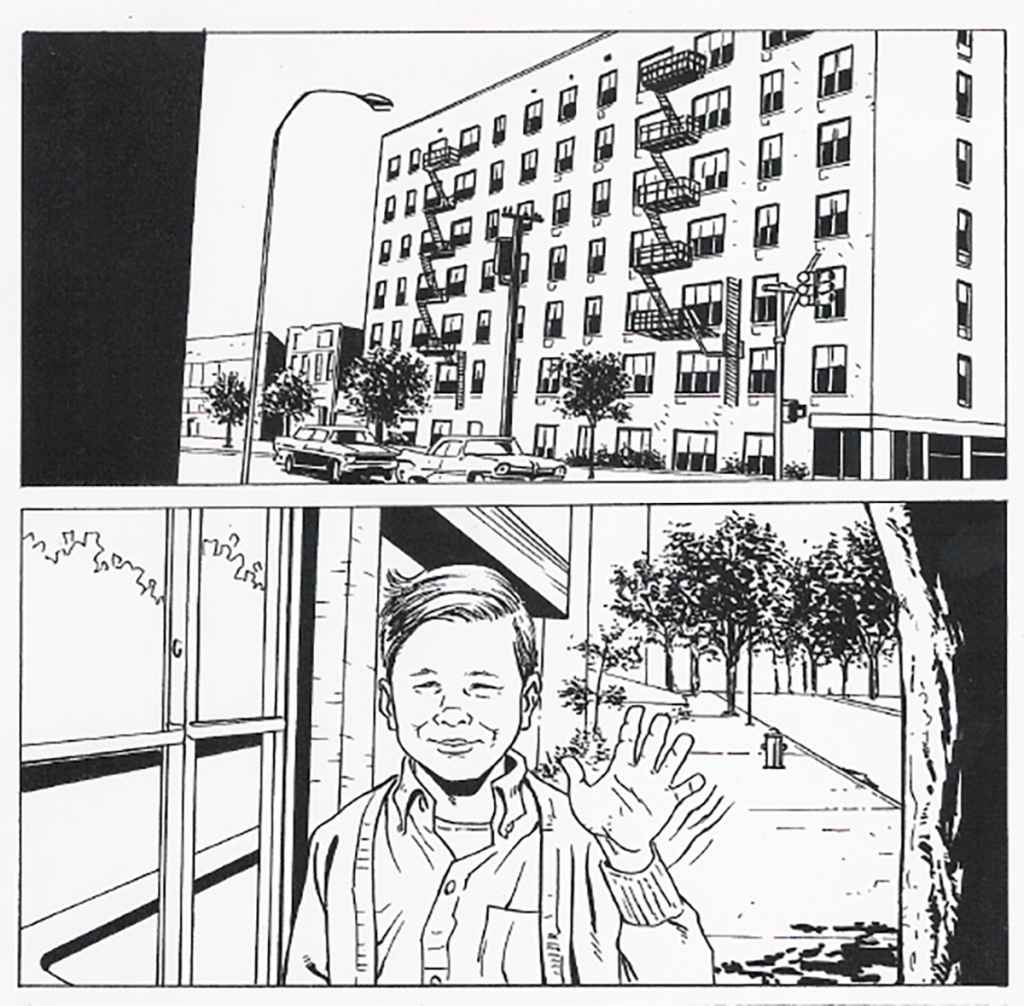 Pat Carbjal's illustrations of the apartment building Ed lived in from 1967 to 1972, and the writer himself (without horn-rimmed glasses) as a kid outside that building.