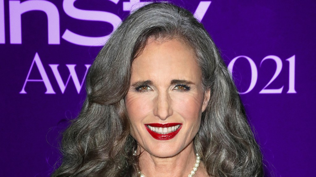Andie MacDowell with red lipstick