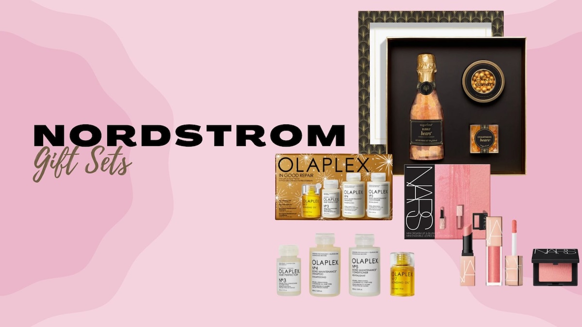 An image with various holiday gift sets from Nordstrom next to text that reads 'Nordstrom Gift Sets.'