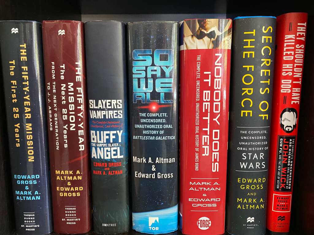 The spines of oral history books co-written by Ed Gross and Mark A. Altman