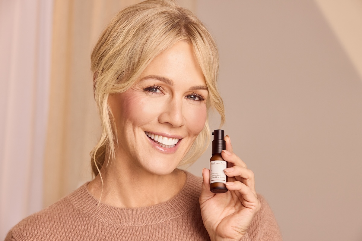 Jennie Garth holding Perricone M.D.'s Triple Retinol Renewal Eye Serum.