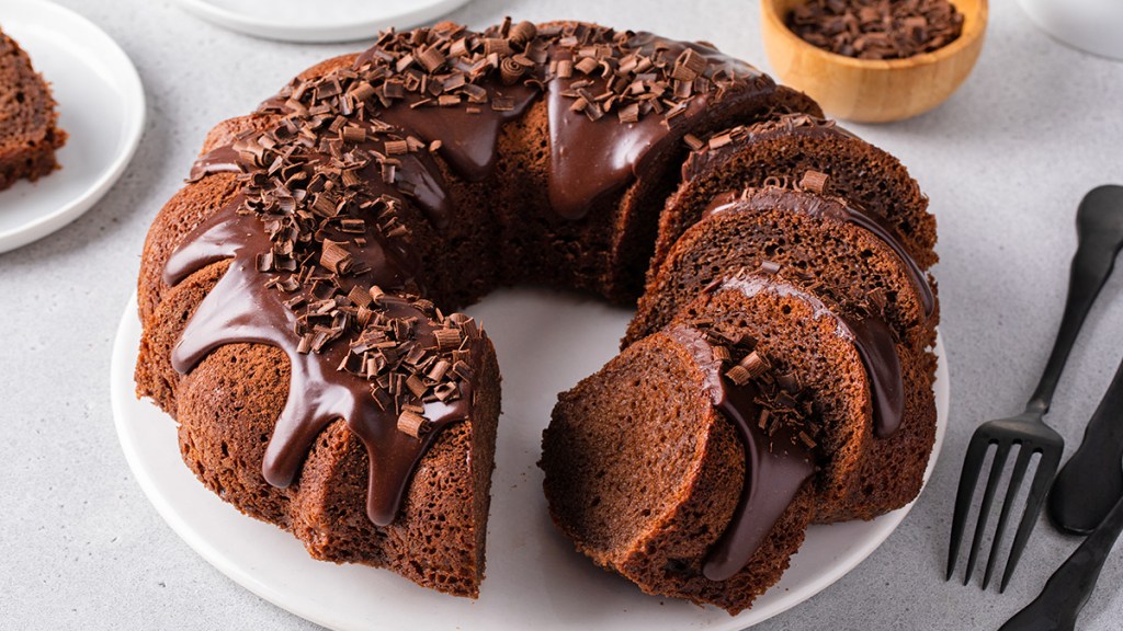 A sliced chocolate pound cake