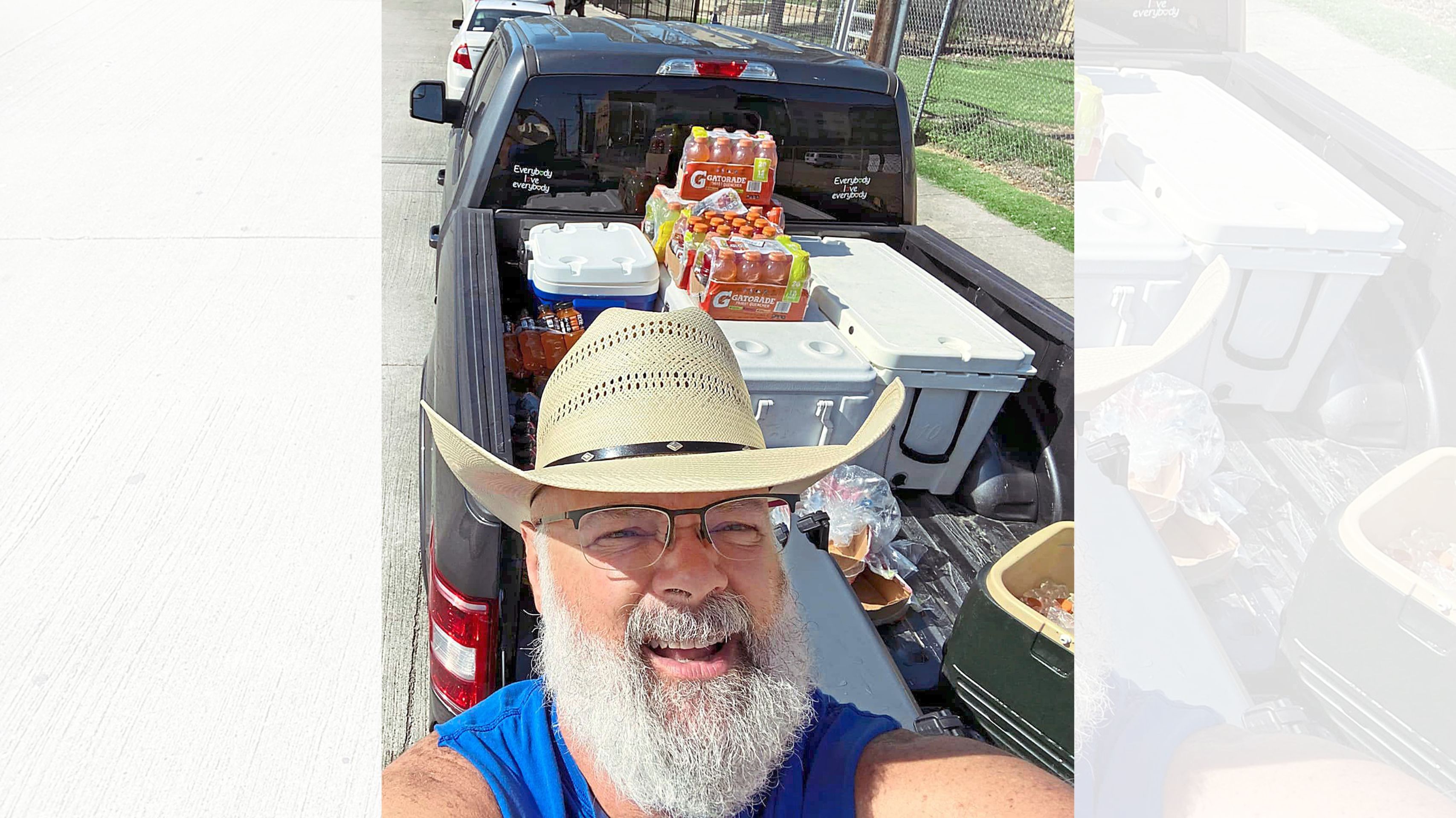 Chris with a truck full of goods to hand out along with sleeping bags
