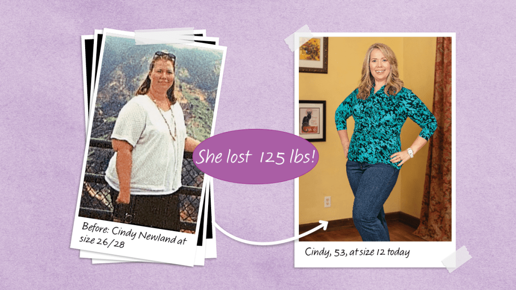 Before and after photos of Cindy Newland who lost 125 lbs with the help of alkaline soup