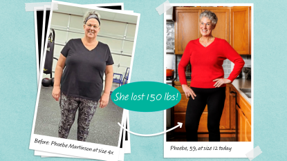 Before and after images of Phoebe Martinson who Lost 150 LBS with the help of big breakfast for weight loss