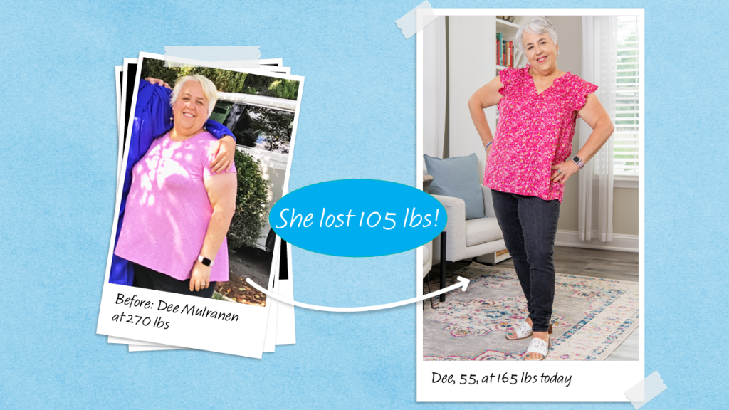 Before and after of Dee Mulranen who lost 105 lbs with the help of chickpea cookie dough