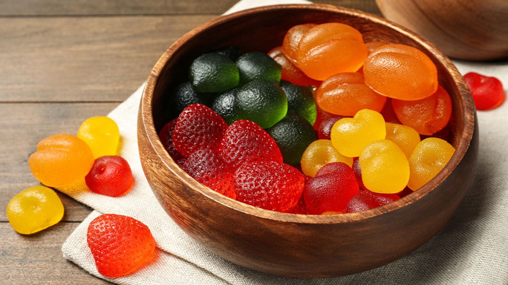 Bowl of gummy candies made with exogenous ketones
