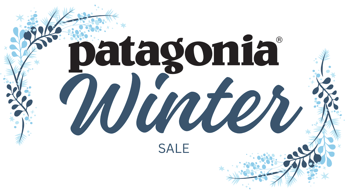 An image with a wintery frame, the Patagonia logo, and text that reads 'Winter Sale.'