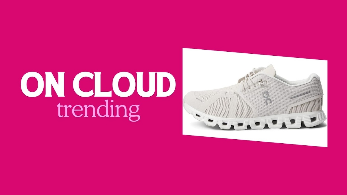 An image of On Cloud 5 sneakers with text that reads 'On Cloud Trending' to the left of it.
