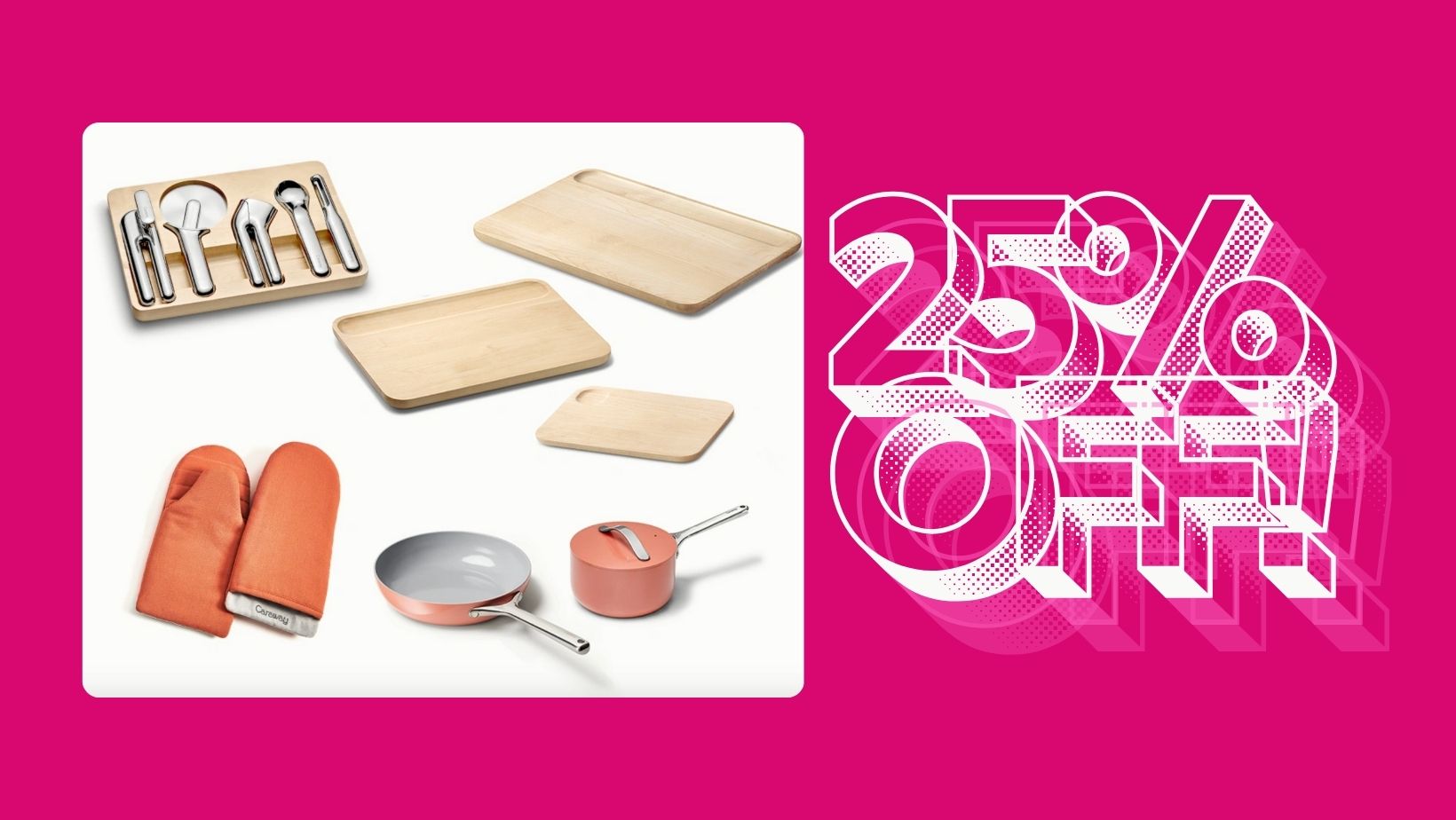An image of the Kitchen Refresh Bundle from Caraway Home which features pots, pans, cutting boards, and more next to a callout that reads '25% off!'