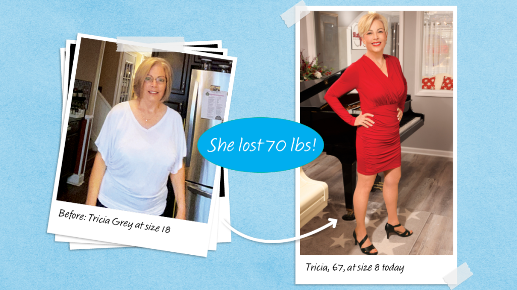 Before and after photos of Tricia Grey who lost 70 lbs using Planstrong diet