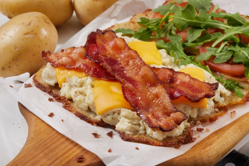 open potato wrap breakfast sandwiches with bacon