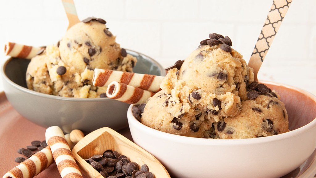 Bowl of chickpea cookie dough with chocolate chips