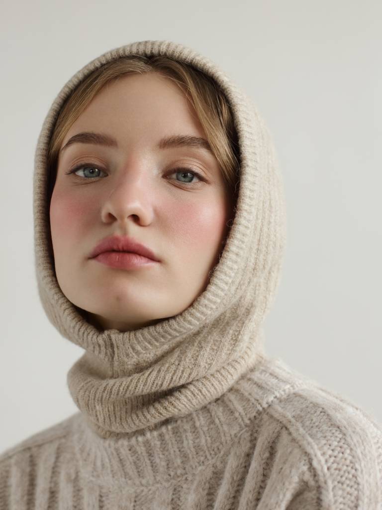 woman wearing knit bonnet balaclava