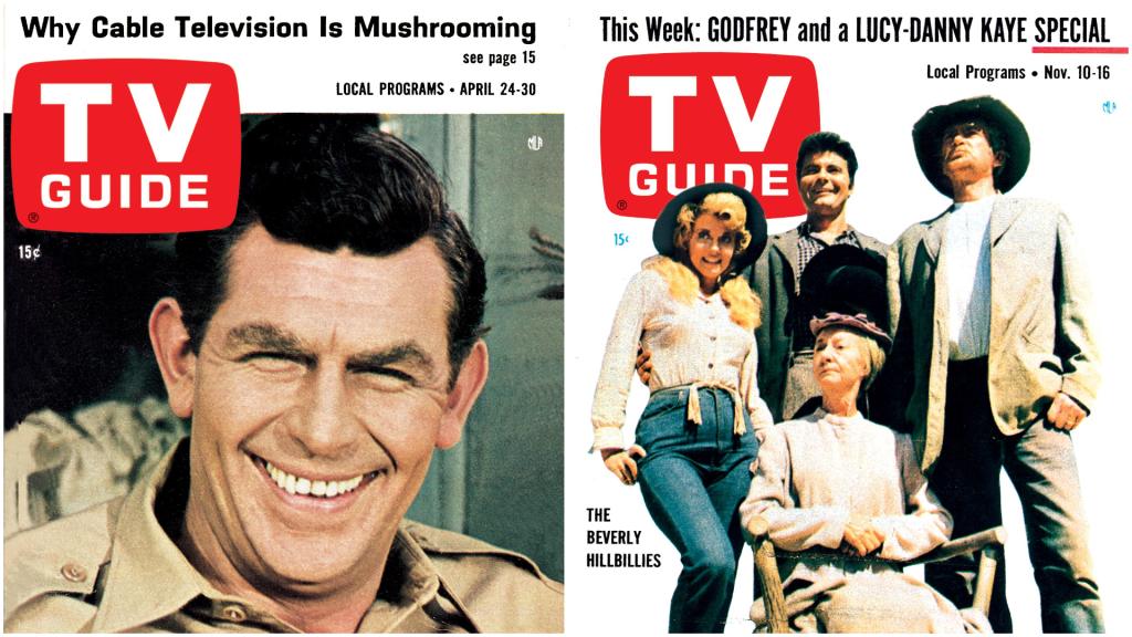 L-R: TV Guide covers featuring The Andy Griffith Show and The Beverly Hillbillies.