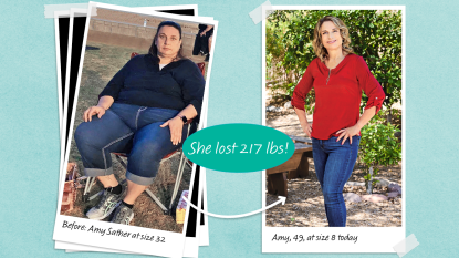 Before and after photos of Amy Sather who lost 217 lbs with the help of almonds for weight loss