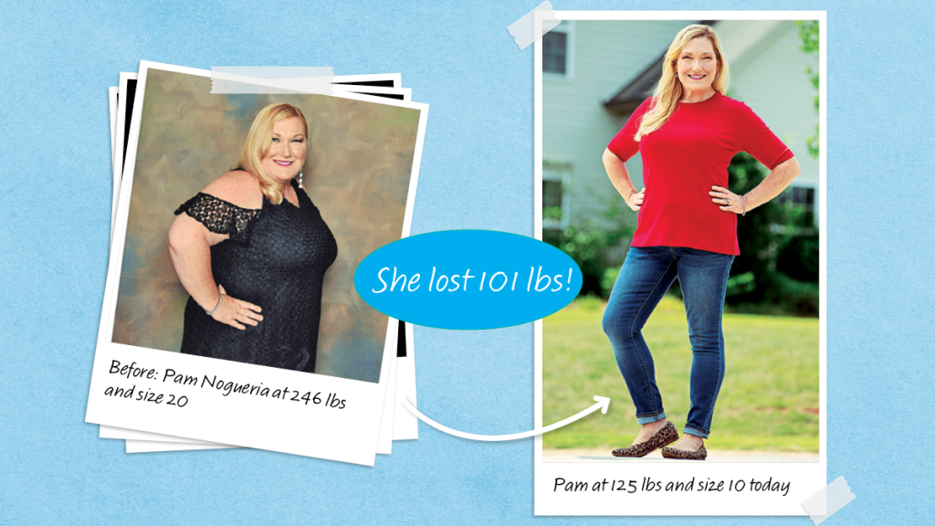Before and after photos of Pamela Nogueria who lost 101 lbs on a carb cycling plan