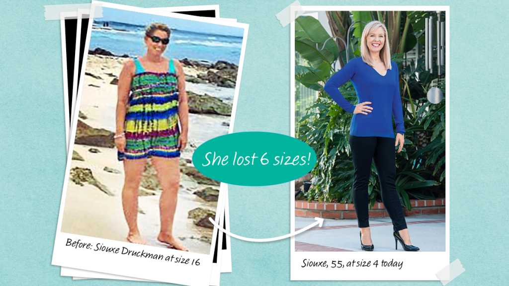 Before and after photos of Sioux Druckman who dropped 53 lbs with coffee for weight loss