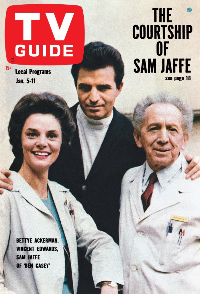 BEN CASEY, from left: Bettye Ackerman, Vince Edwards, Sam Jaffe, TV GUIDE cover, January 5-11, 1963.