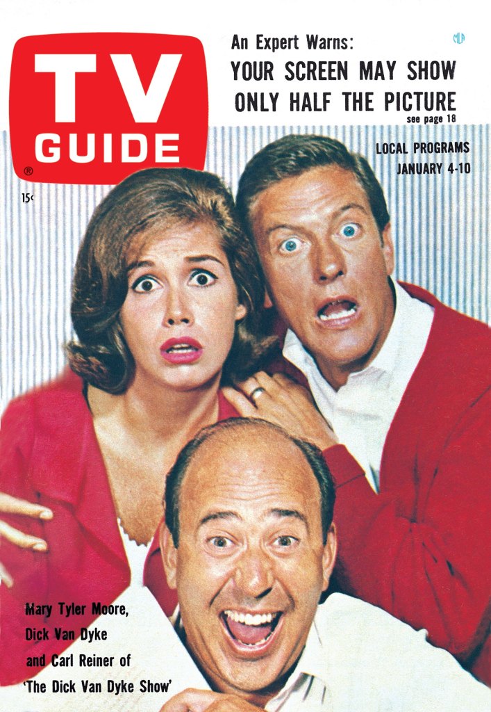 THE DICK VAN DYKE SHOW, clockwise from left: Mary Tyler Moore, Dick Van Dyke, Carl Reiner, TV GUIDE cover, January 4-10, 1964.