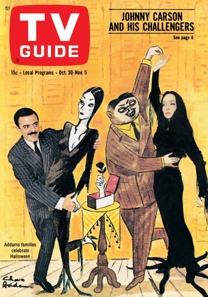 THE ADDAMS FAMILY, John Astin, Carolyn Jones, TV GUIDE cover, October 30 - November 5, 1965. Drawing by Charles Adams, ph: Ivan Nagy.