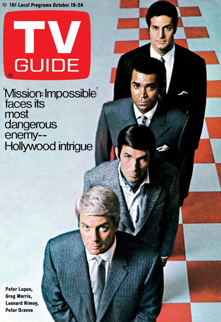 MISSION: IMPOSSIBLE, from top: Peter Lupus, Greg Morris, Leonard Nimoy, Peter Graves, TV GUIDE cover, October 18-24, 1969.