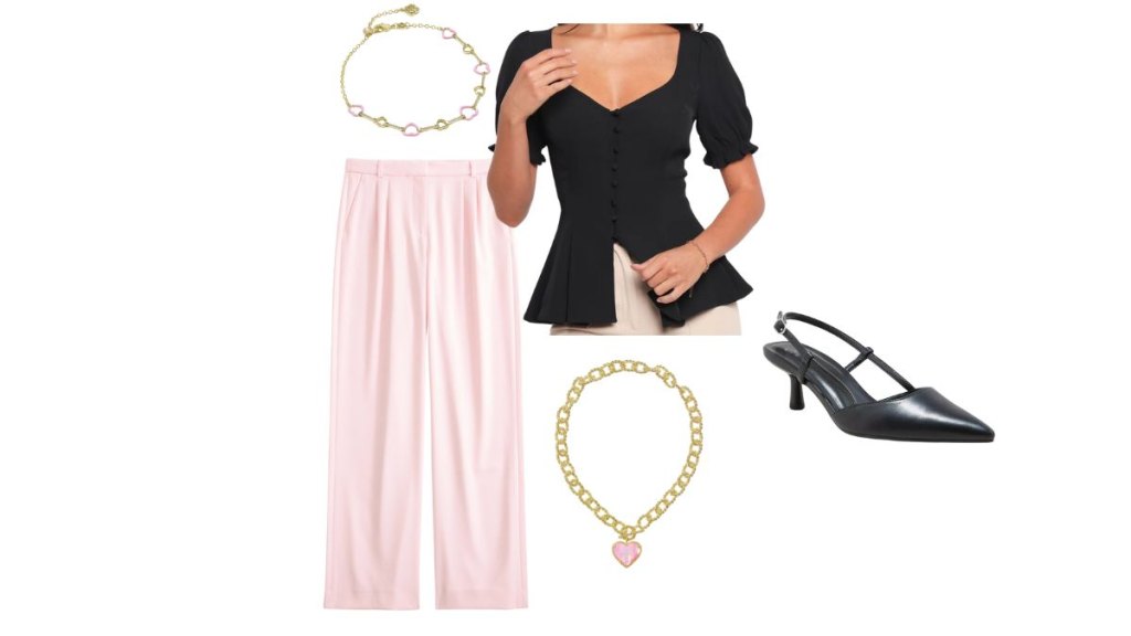 Valentine's Day outfit idea pink dress pants