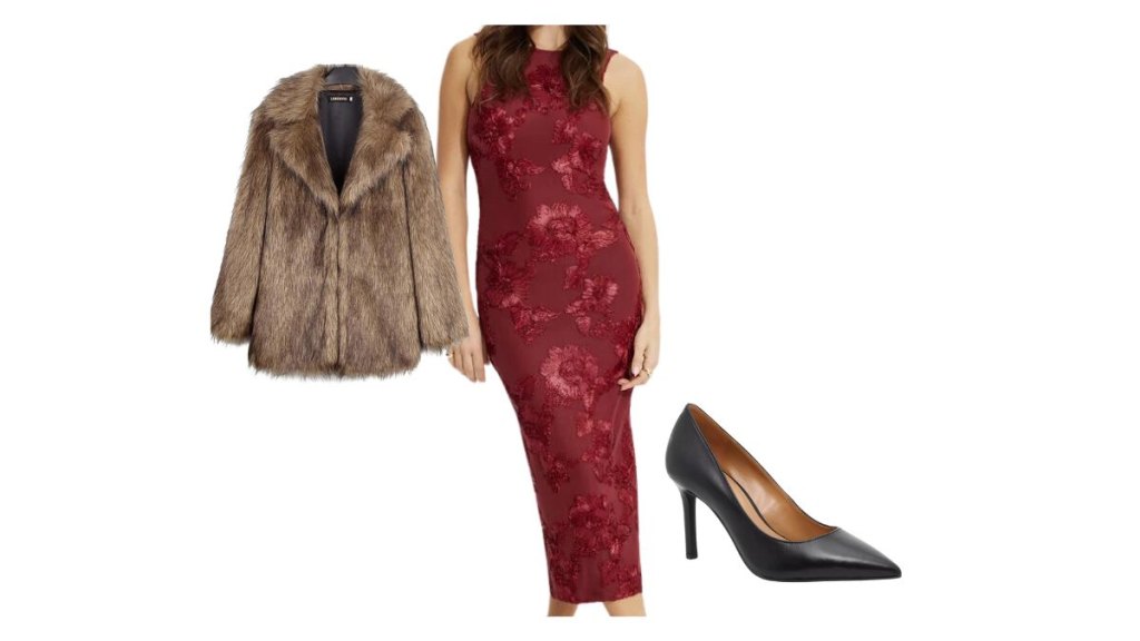 Valentine's Day outfit idea red dress and faux fur coat