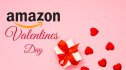 A white box with a red ribbon and various red hearts arranged in the bottom right corner of an image with a pink background. In the top left corner, the Amazon logo and text reading 'Valentine's Day' are present.