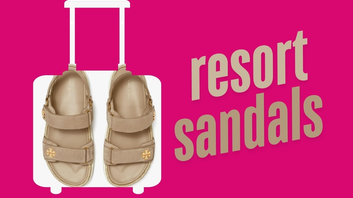 A picture of Tory Burch sandals in a frame that resembles a suitcase next to tan text that reads 'resort sandals.'