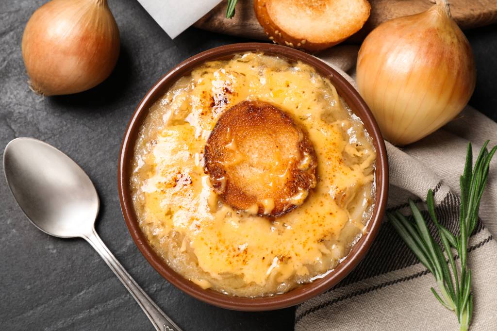 Bowl of Julia Child's French onion soup with cognac and dry white wine
