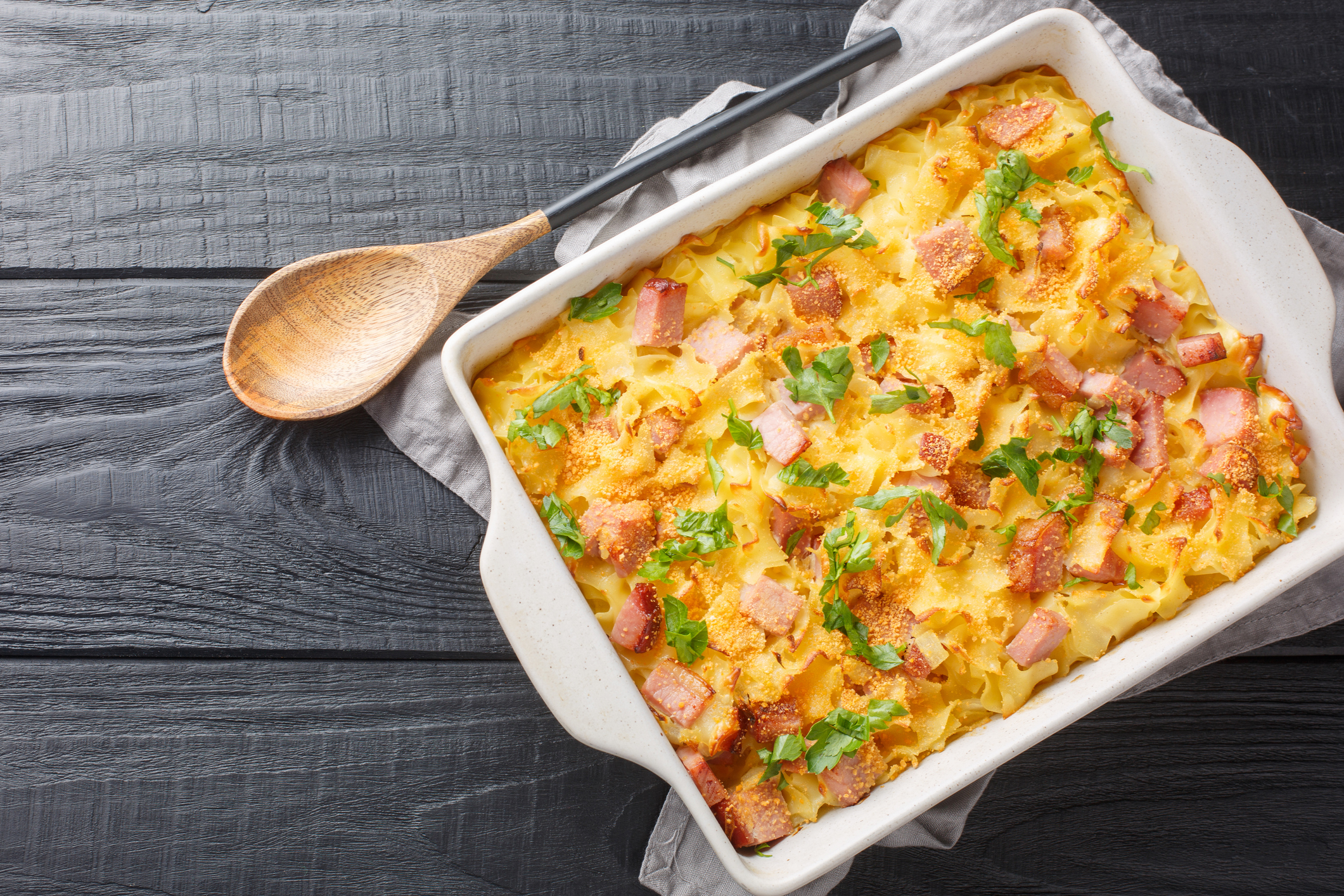 cheesy ham and potato casserole in dish