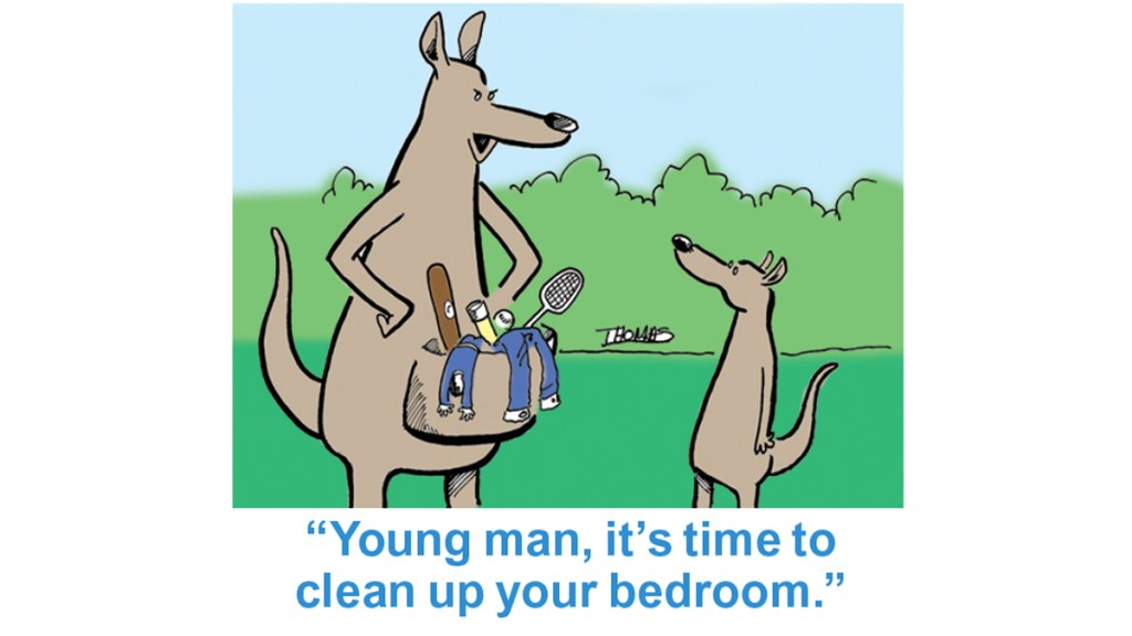 Cleaning jokes: Cartoon of Kangaroo mom with her pouch full telling her son, "Young man, it's time to clean up your bedroom."