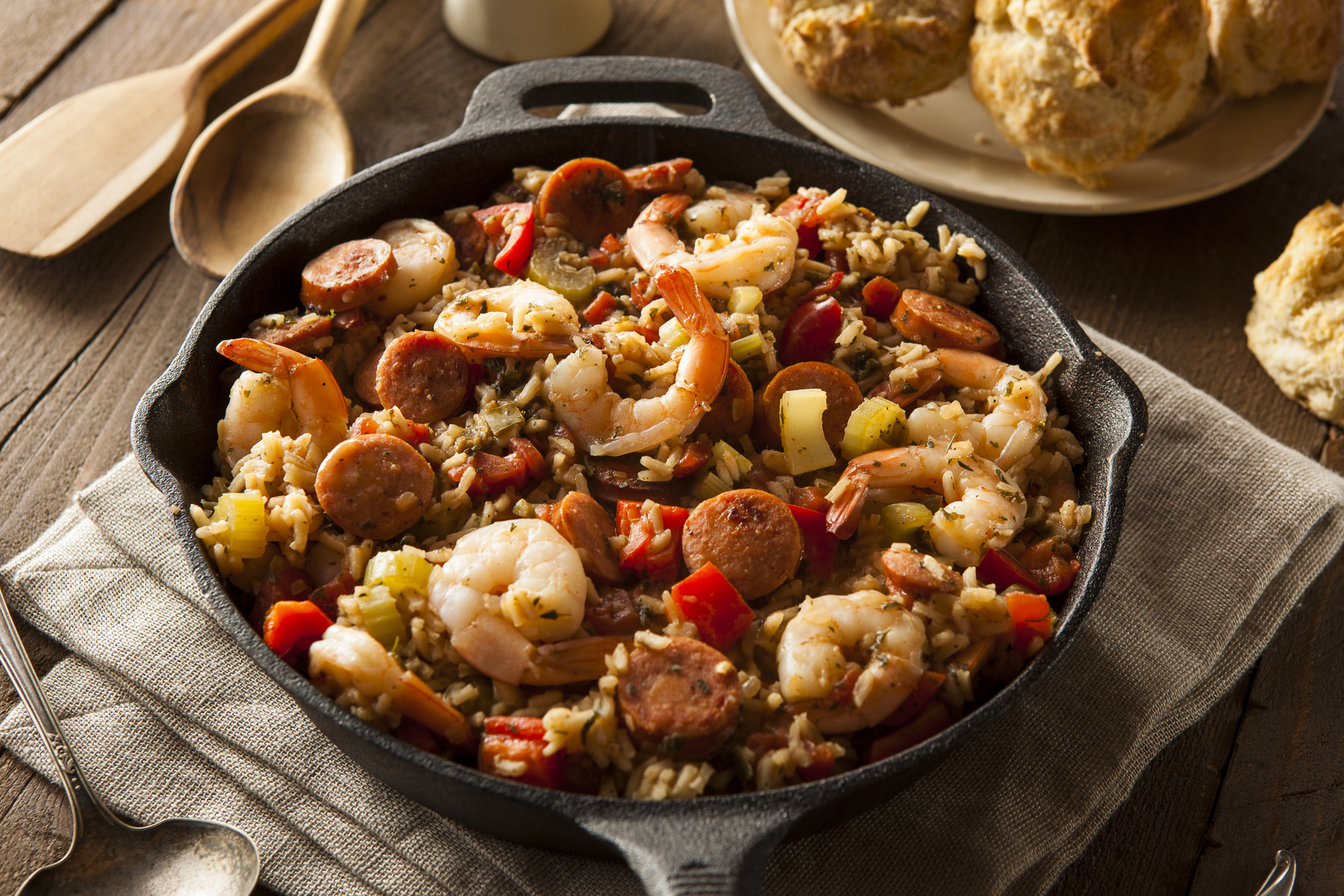 homemade one-pan jambalaya with sausage and shrimp in cast iron skillet