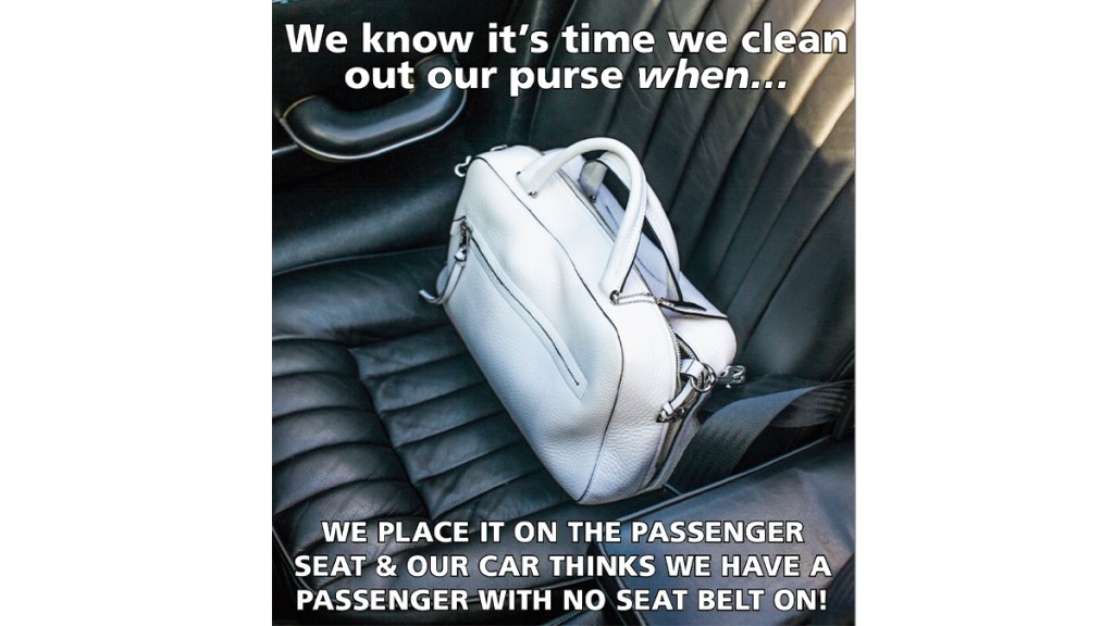 Cleaning jokes: You know it's time we clean out. our purse when… We place it on the passenger seat and our car thinks we have a passenger with no seat belt on!