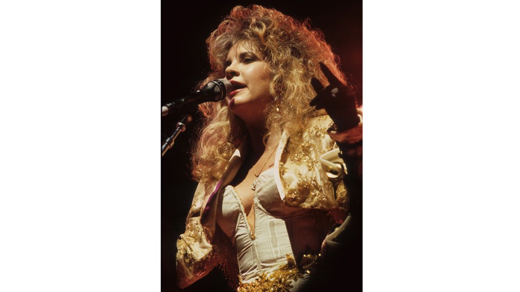 Fleetwood Mac singer on stage wearing white corset