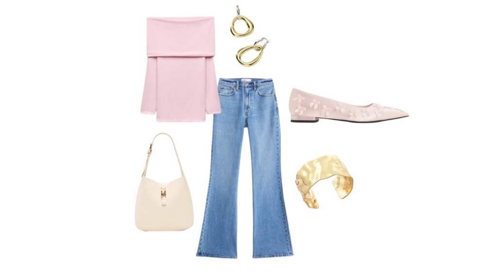Valentine's Day outfit ideas pink off the shoulder top