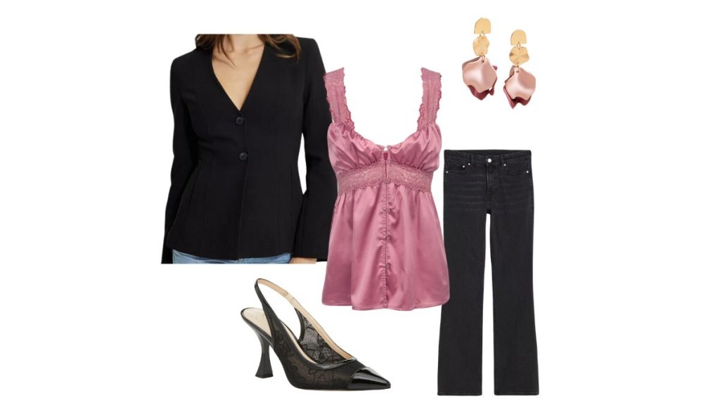 Valentine's Day outfit idea pink lace tank and blazer