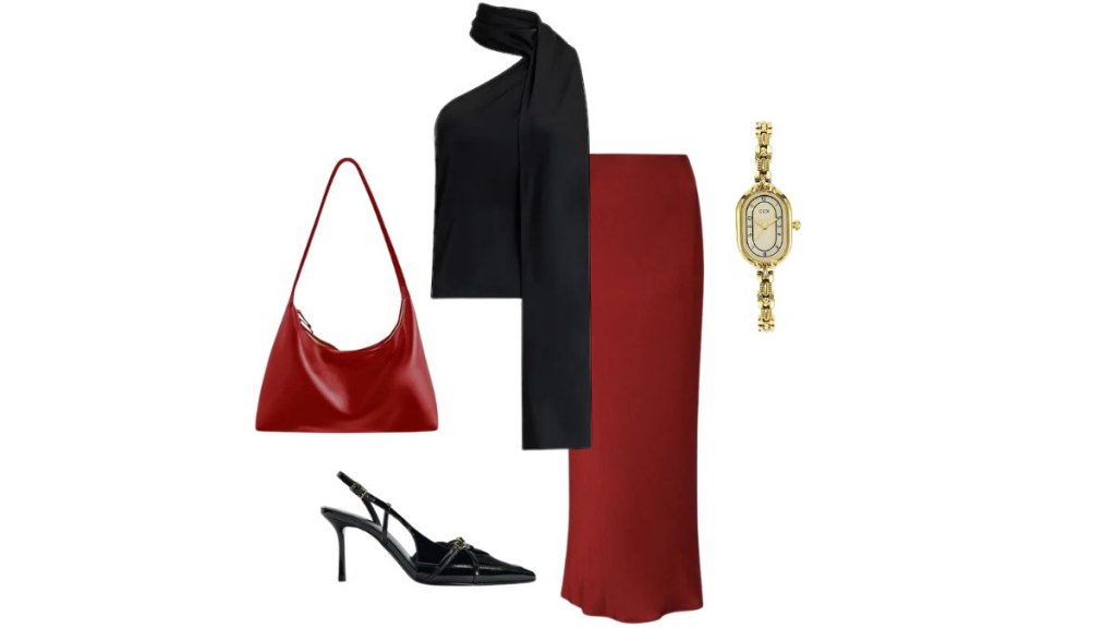 Valentine's day outfit red satin skirt