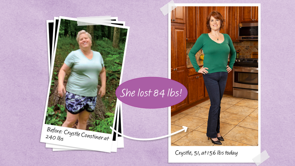 Before and after photos of Crystal Constiner who lost 84 lbs with an injectable weight loss drug like Ozempic