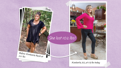 Before and after photos of Kimberlie Rush who lost 102 lbs with an injectable weight loss drug like Ozempic